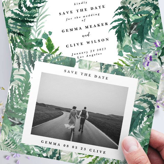 Elegantes Frame Leafy Watercolor Foto Hochzeit Save The Date (Von Creator hochgeladen)