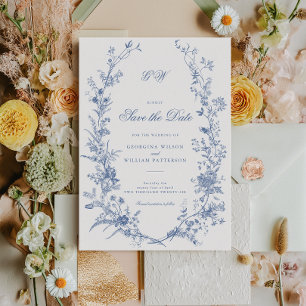 Elegantes Französisch Vintag Blue Floral Save the Einladung