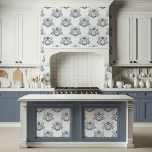 Elegantes französisches Blau Toile Pfau Kaninchen Tapete