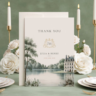 Elegantes französisches Château-Monogramm Hochzeit Dankeskarte