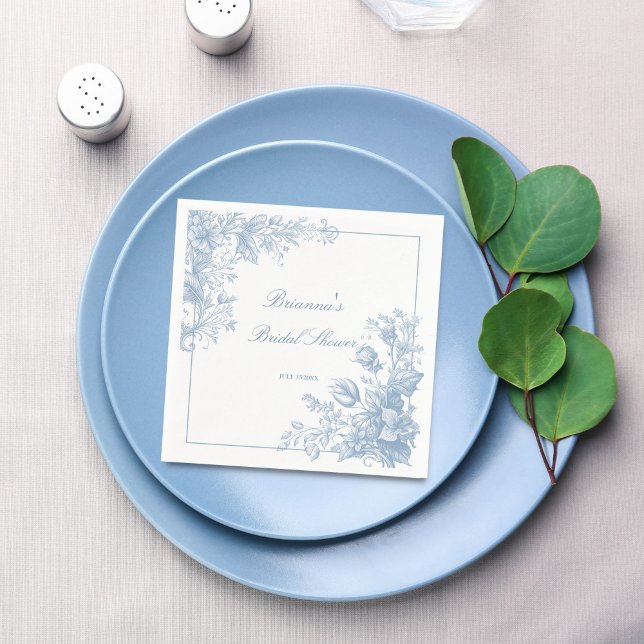 Elegantes, französisches Chinoiserie-blaues Monogr Serviette (Elegant French toile chinoiserie dusty blue monogram printed Napkins bridal shower table decor)