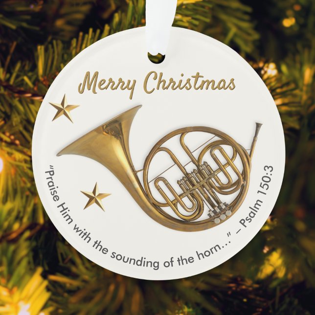 Elegantes französisches Horn mit Psalm 150:3 Weihn Ornament (A festive ornament with French horn picture, Merry Christmas greeting, Bible quote and custom text)