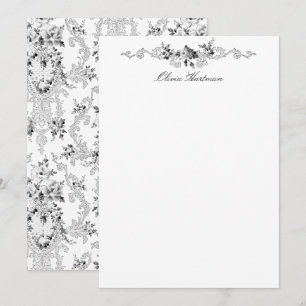 Elegantes französisches Rokoko-Schwarz-Weiß-Blumen Mitteilungskarte