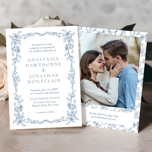 Elegantes French Blue Vintag Foto Wedding Einladung (Von Creator hochgeladen)