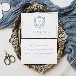 Elegantes French Floral Blue Monogram Wappen Weddi Dankeskarte