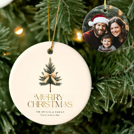 Elegantes fröhliches Pine Tree Bow Family Foto Keramik Ornament
