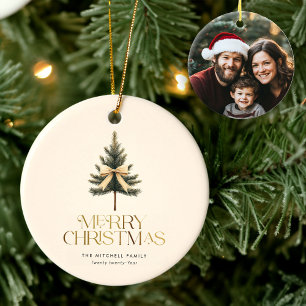 Elegantes fröhliches Pine Tree Bow Family Foto Keramik Ornament