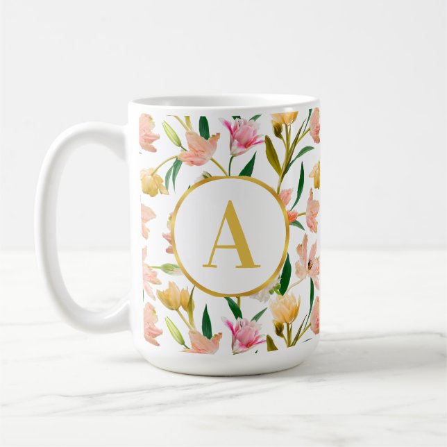 Elegantes Frühlingsfloral Monogramm mit Goldenem A Kaffeetasse (Links)
