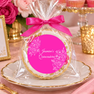 Elegantes Fuchsia-Rosa und Weiß Florales Quinceane Runder Aufkleber