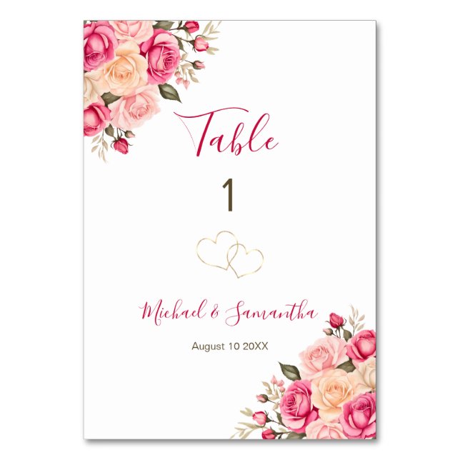 Elegantes Fucia Pink und Elfenbeinblütenzeichen fü Tischnummer (Vorderseite)