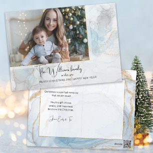 Elegantes Funkelnd Blue & Gold Alkoholink Foto Feiertagspostkarte