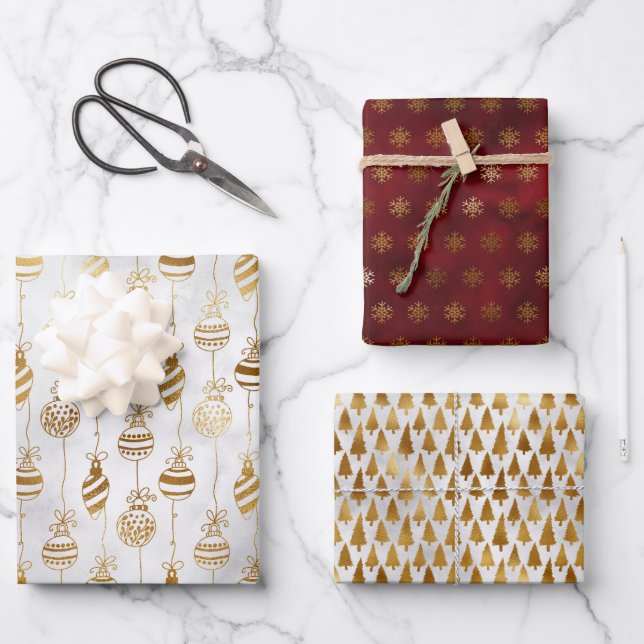 Elegantes Funkelnd Gold und tiefes Rotes Weihnacht Geschenkpapier Set (Vorderseite)