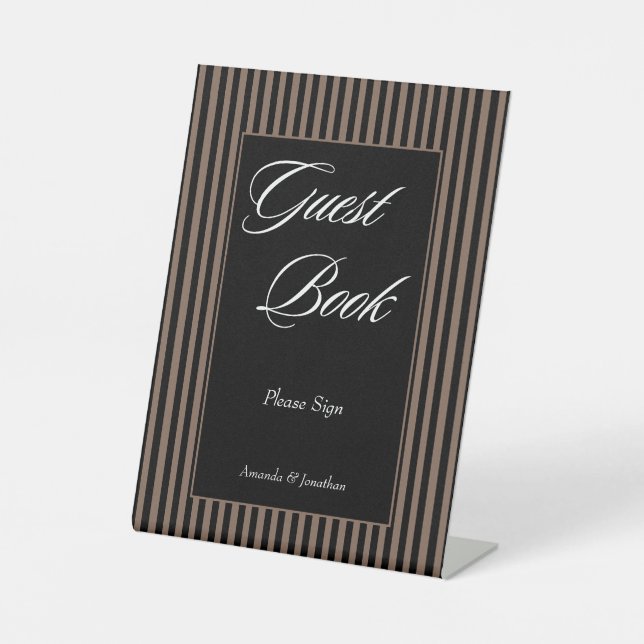 Elegantes Gästebuch in Schwarz und Braun Streifen Sockelschild (Vorderseite)