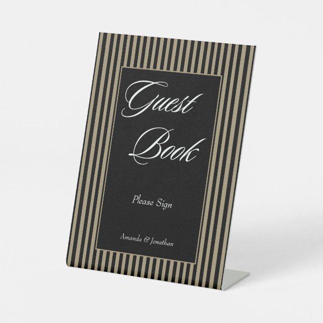 Elegantes Gästebuch in Schwarz und Grün Streifen Sockelschild (Vorderseite)