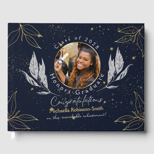 Elegantes Gästebuch Navy Gold Abschluss (Vorderseite)