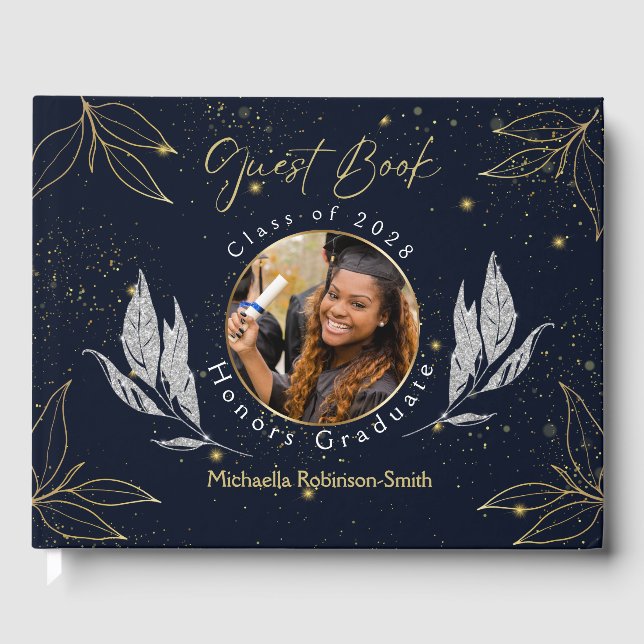 Elegantes Gästebuch Navy Gold Abschluss (Vorderseite)