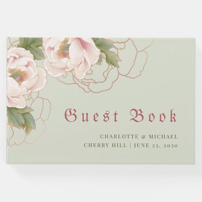 Elegantes Gästebuch und Blush Peony Floral (Vorderseite)