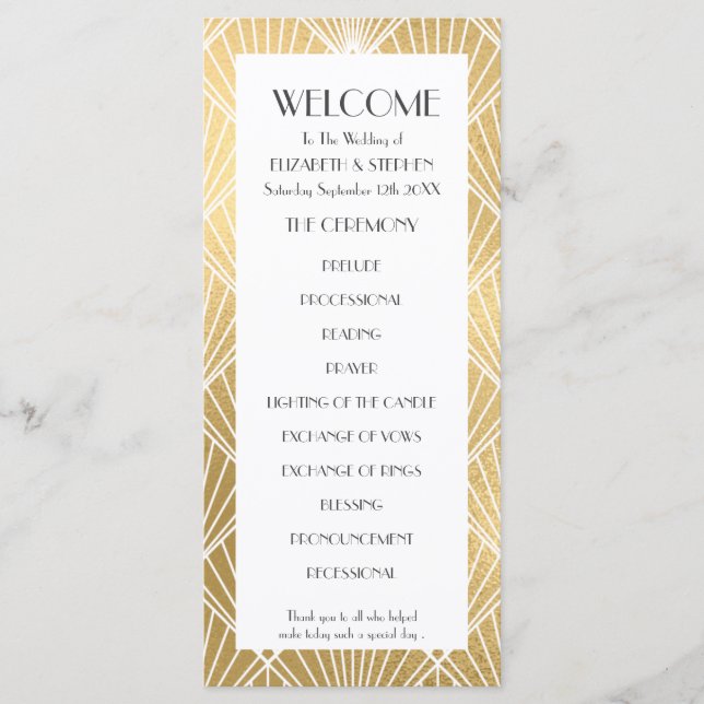 Elegantes Gatsby-Deco-Hochzeitsprogramm in Weiß un Programm (Vorderseite)