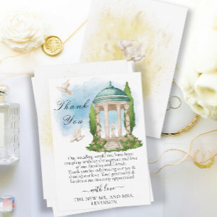 Elegantes Gazebo mit Blume, Bäumen und Tauben Dankeskarte