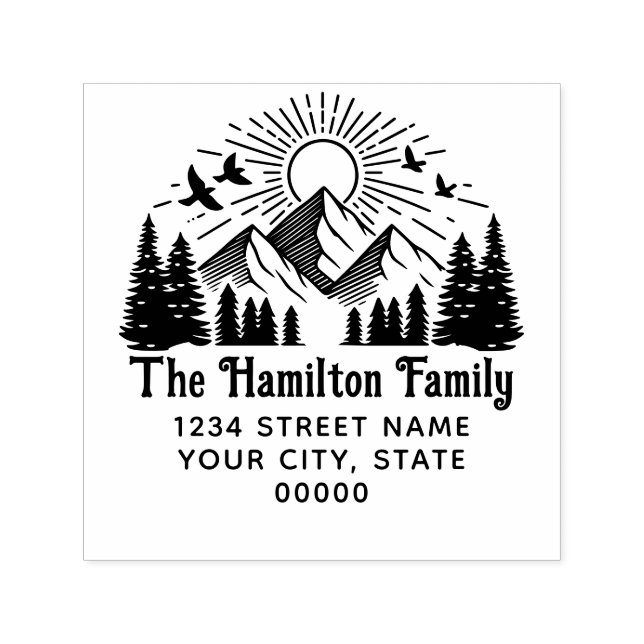 Elegantes Gebirge Bäume Sonnenvögel #2 Namensadres Permastempel (Design)