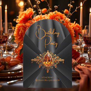 Elegantes Geburtstags- Orange Gold Schwarz Fauxsei Einladung