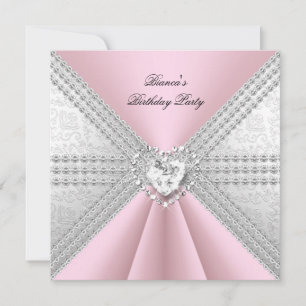 Elegantes Geburtstags-Silber-Rosa-Diamant-Herz Einladung
