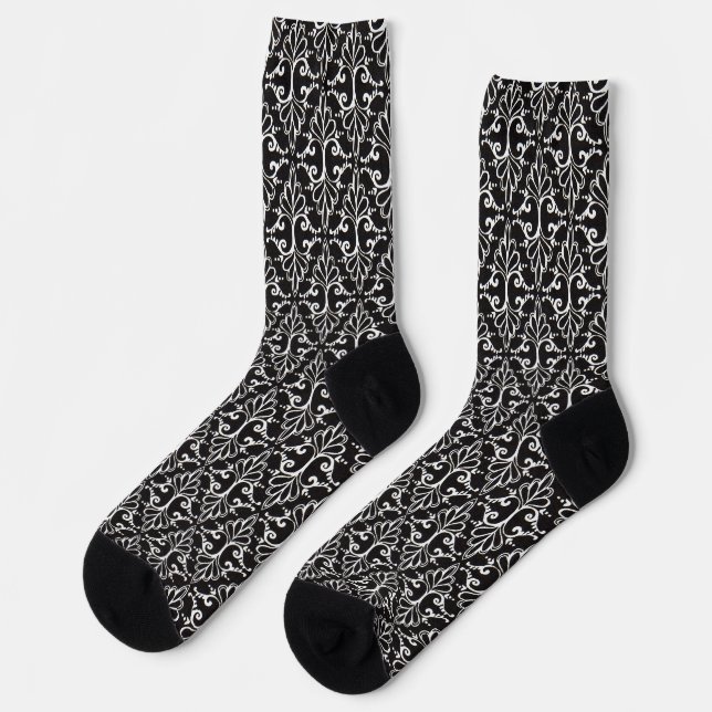 Elegantes, gekreuztes Damaskus-Muster Schwarz-weiß Socken (Linkes Detail)