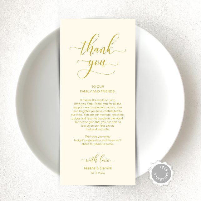 Elegantes Gelb Gold, Platzierung Dankeschön Karte (Elegant Yellow Gold, Place Setting Thank You Card, Modern Elegant Wedding Dinner Celebration)