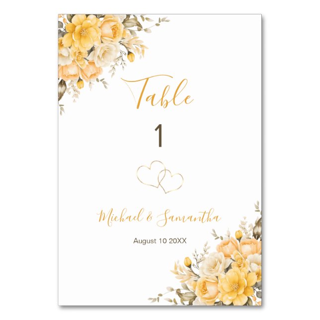 Elegantes Gelb- und Elfenbein-Rose-Hochzeitszeiche Tischnummer (Vorderseite)