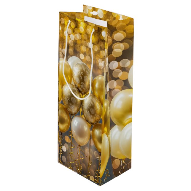 Elegantes Gelb- und Goldballon-Wrapping-Papier Geschenktüte Für Weinflaschen (Vorderseite Schrägansicht)