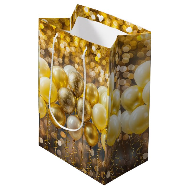 Elegantes Gelb- und Goldballon-Wrapping-Papier Mittlere Geschenktüte (Vorderseite Schrägansicht)