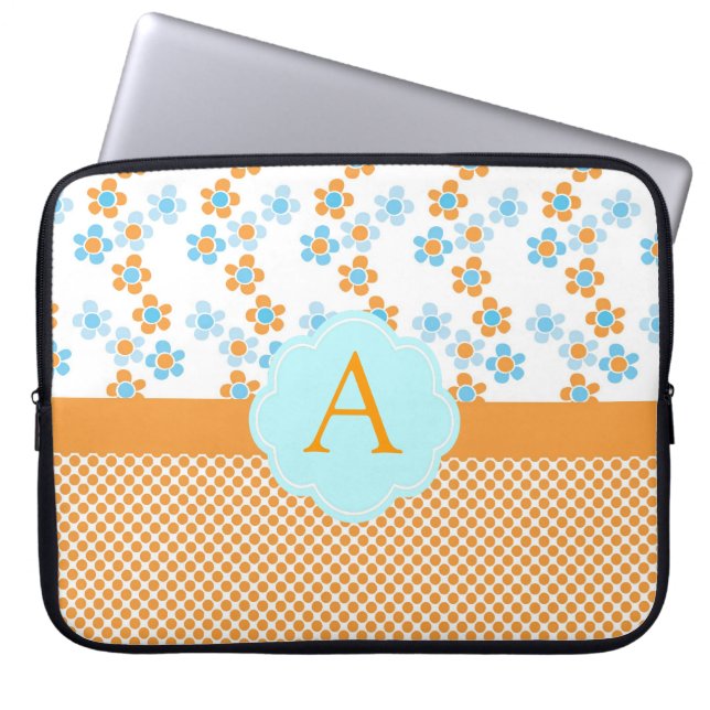 Elegantes, gelbes, blaues Blumenmonogramm, Anfangs Laptopschutzhülle (Vorderseite)