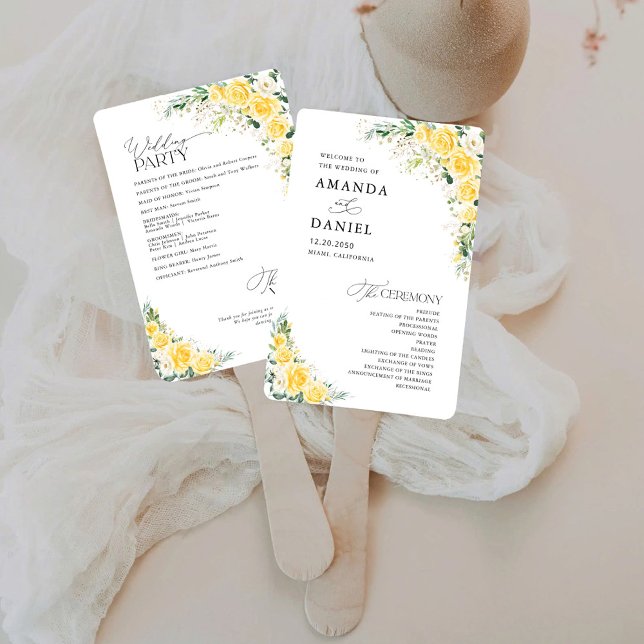 Elegantes gelbes Blumen-Hochzeitsprogramm-Handfäch Fächer (Von Creator hochgeladen)
