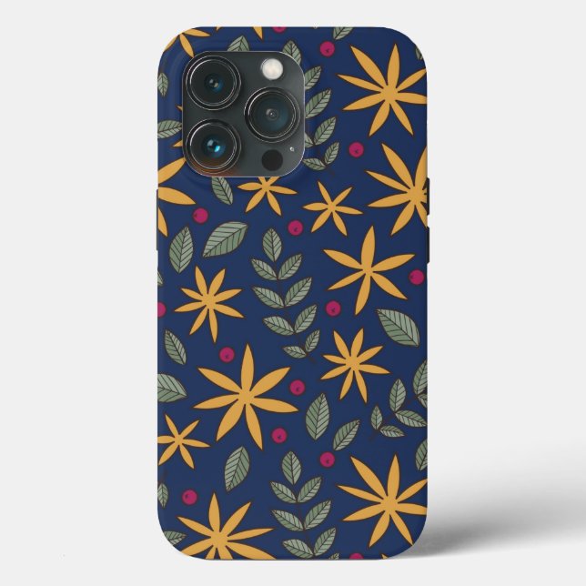 Elegantes gelbes Blumenmuster auf blau Case-Mate iPhone Hülle (Rückseite)