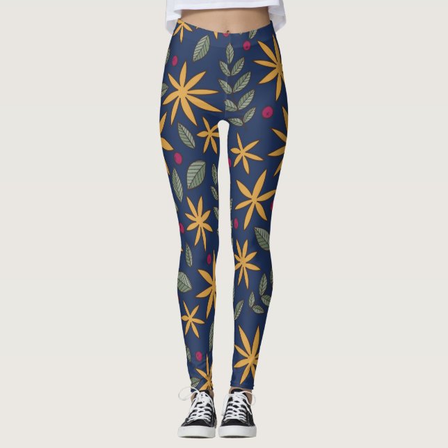 Elegantes gelbes Blumenmuster auf blau Leggings (Vorderseite)