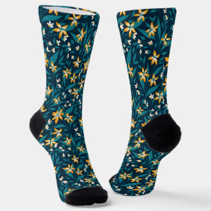Elegantes gelbes Blumenmuster in dunkelgrünen Blät Socken