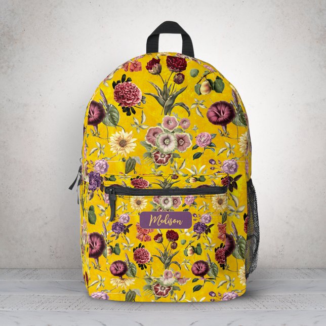 Elegantes gelbes Blumenmuster Monogramm Bedruckter Rucksack (Von Creator hochgeladen)