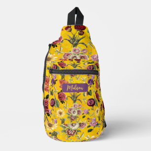 Elegantes gelbes Blumenmuster, Monogramm gedruckt Crossbody Bag