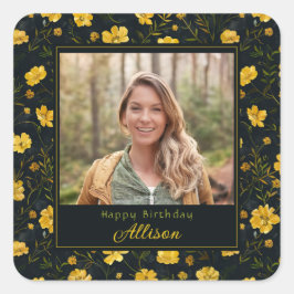Elegantes Gelbes Buttercup Blume Foto Geburtstag Quadratischer Aufkleber