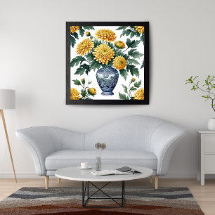 Elegantes Gelbes Chrysanthemen in Blauem Porzellan Fotodruck