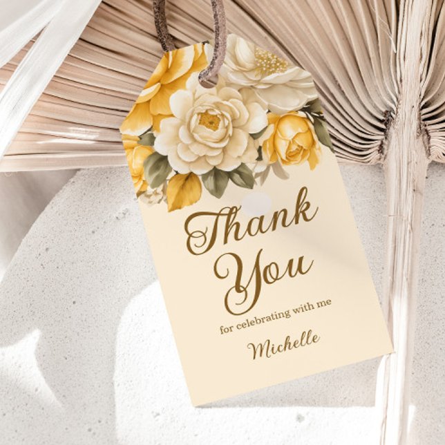 Elegantes Gelbes Elfenbein Creme Blumen Geburtstag Geschenkanhänger (Yellow and cream-colored watercolor floral birthday party "Thank you" gift tag)