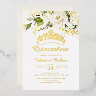 Elegantes gelbes Gold-Weiß-Quinceanera Folieneinladung