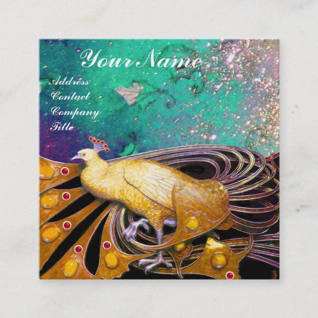 ELEGANTES GELBES PEACOCK UND GRÜNE BLÄTTER QUADRATISCHE VISITENKARTE (Vorderseite)