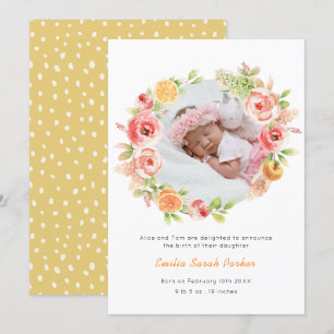 Elegantes Gelbes Rose Blumenreath Foto Birth Ankündigung