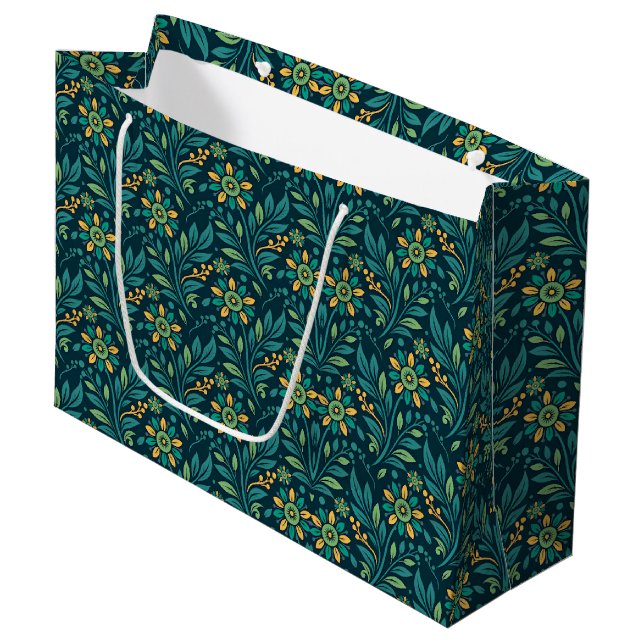 Elegantes gelbes und türkisfarbenes Blumenmuster-D Große Geschenktüte (Vorderseite Schrägansicht)