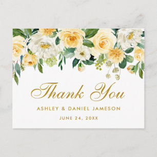 Elegantes Gelbgold Weiß Florales Hochzeits-Dankesc Postkarte