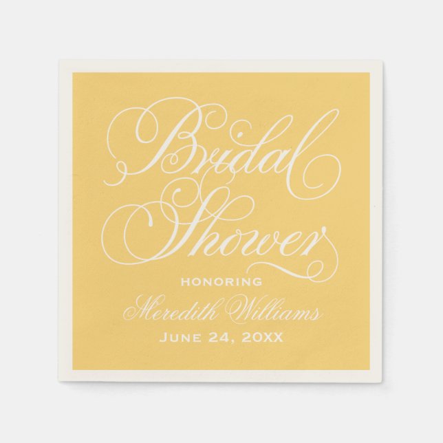 Elegantes Gelbkalligrafie-Hochzeitsstift-Brautpart Serviette (Vorderseite)