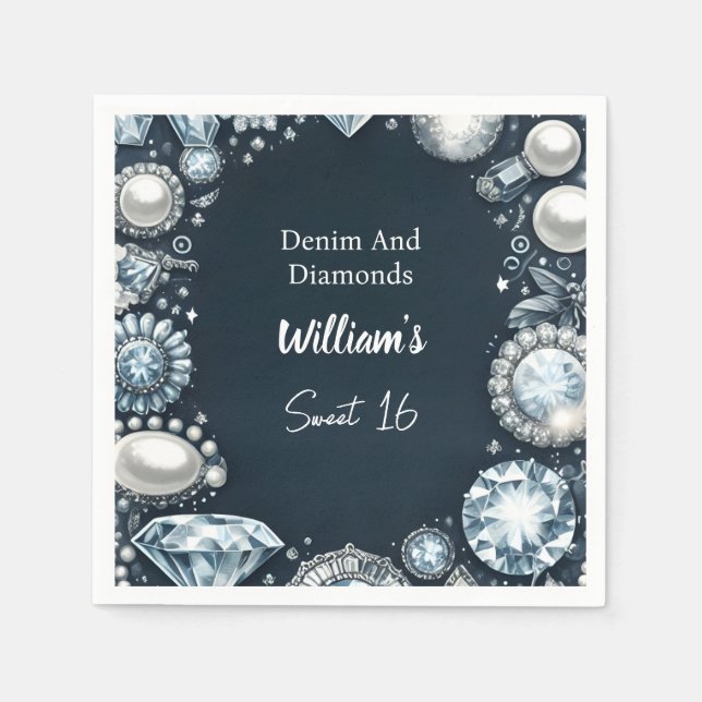Elegantes Gem Bling Denim und Diamonds Sweet 16 Serviette (Vorderseite)