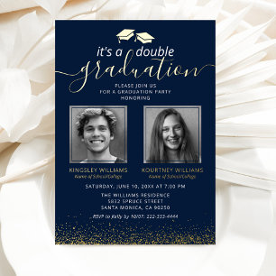 Elegantes gemeinsames Abschlussfoto in Navy-Gold Folieneinladung
