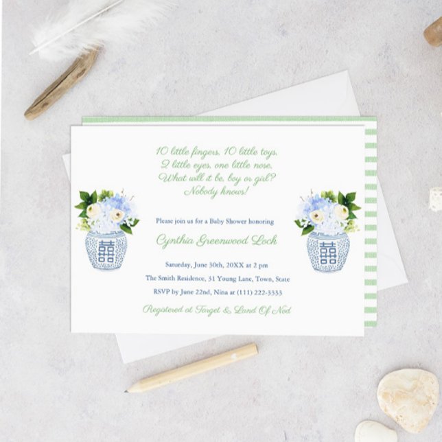Elegantes Gender Unknown Poem Baby Shower Party Einladung (Preppy Poem Gender Neutral Green And White Baby Shower Invitation)